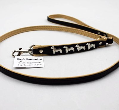 LEREN HONDENRIEM | MET ZILVEREN TECKELS | ZWART - NATUREL